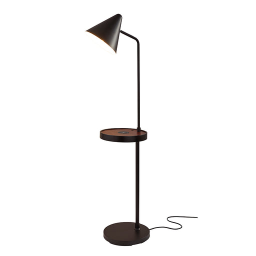 Adesso Matte Black/Walnut Poplar Wood Oliver Wireless Charging Task Shelf Floor Lamp-Matte Black Cone Shade-71 Inch Black Fabric Covered Cord-On/Off Rocker Switch (3690-01)