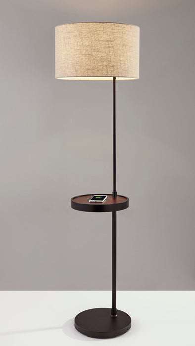 Adesso Matte Black/Walnut Wood Oliver Wireless Charging Shelf Floor Lamp-Natural Textured Fabric Drum Shade-71 Inch Black Fabric Covered Cord-3-Way Rotary Switch (3691-01)