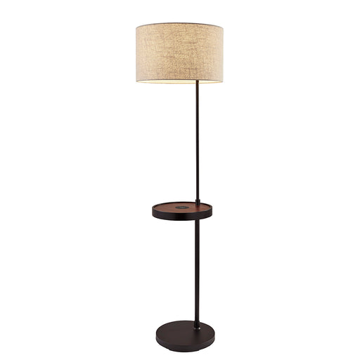 Adesso Matte Black/Walnut Wood Oliver Wireless Charging Shelf Floor Lamp-Natural Textured Fabric Drum Shade-71 Inch Black Fabric Covered Cord-3-Way Rotary Switch (3691-01)