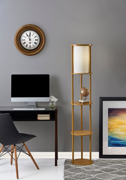 Adesso MDF Shelves-Natural Wood Veneer And Beech Wood Tubes Stewart Shelf Floor Lamp-Off-White Textured Fabric Cylinder Shade-129.921 Inch Clear Cord-Pull Chain Switch (3117-12)