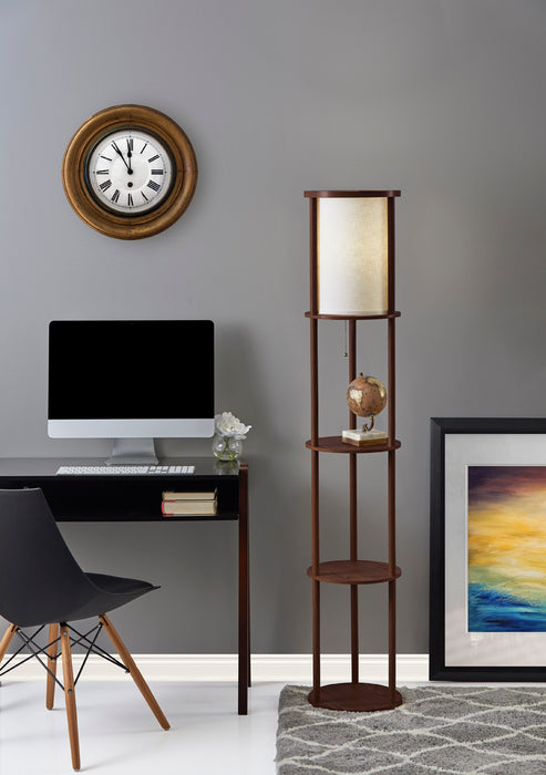 Adesso MDF Shelves-Walnut Wood Veneer And Beech Wood Tubes Stewart Shelf Floor Lamp-Off-White Textured Fabric Cylinder Shade-129.921 Inch Clear Cord-Pull Chain Switch (3117-15)