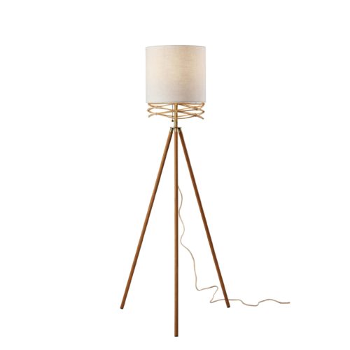 Adesso Melanie Floor Lamp Natural Wood Veneer And Antique Brass Accents With White Textured Fabric Tall Drum Shade (5117-12)