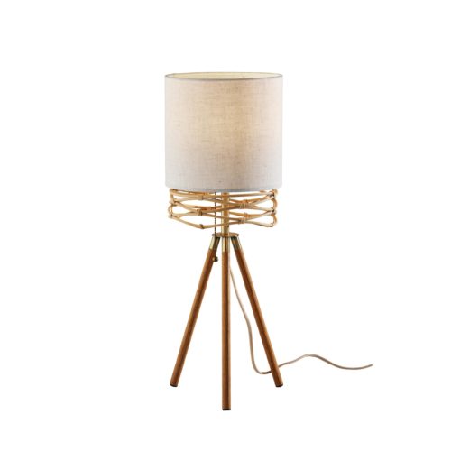 Adesso Melanie Table Lamp Natural Wood Veneer And Antique Brass Accents With White Textured Fabric Tall Drum Shade (5116-12)