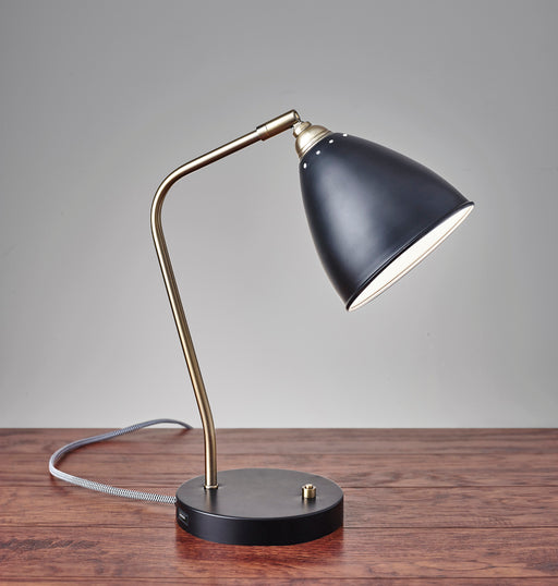 Adesso Painted Brass/Black Chelsea Desk Lamp-Painted Black Metal Cone Shade-60 Inch Black And White Fabric Covered Cord-Painted Brass On/Off Push Switch (3463-01)