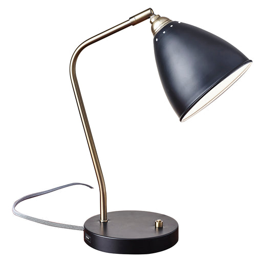 Adesso Painted Brass/Black Chelsea Desk Lamp-Painted Black Metal Cone Shade-60 Inch Black And White Fabric Covered Cord-Painted Brass On/Off Push Switch (3463-01)