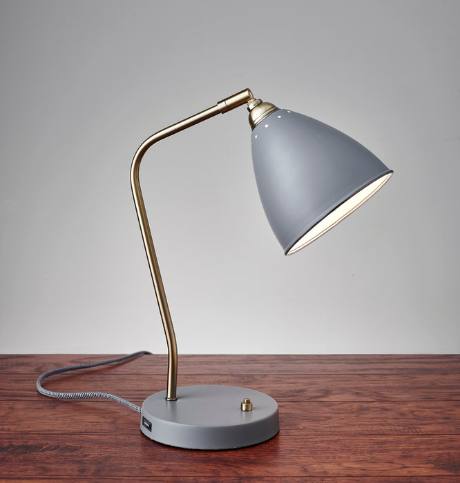 Adesso Painted Brass/Grey Chelsea Desk Lamp-Painted Gray Metal Cone Shade-60 Inch Black And White Fabric Covered Cord-Painted Brass On/Off Push Switch (3463-03)