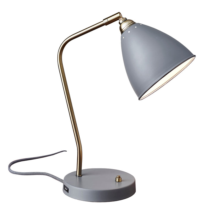 Adesso Painted Brass/Grey Chelsea Desk Lamp-Painted Gray Metal Cone Shade-60 Inch Black And White Fabric Covered Cord-Painted Brass On/Off Push Switch (3463-03)
