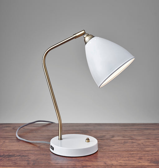 Adesso Painted Brass/White Chelsea Desk Lamp-Painted White Metal Cone Shade-60 Inch Black And White Fabric Covered Cord-Painted Brass On/Off Push Switch (3463-02)