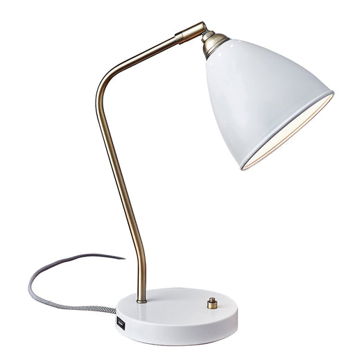 Adesso Painted Brass/White Chelsea Desk Lamp-Painted White Metal Cone Shade-60 Inch Black And White Fabric Covered Cord-Painted Brass On/Off Push Switch (3463-02)