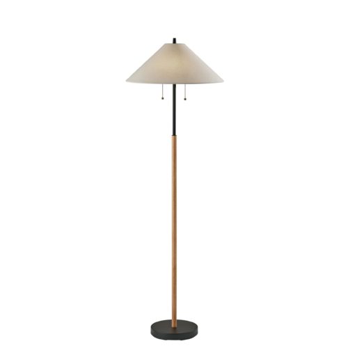 Adesso Palmer Floor Lamp Black And Natural Wood With White Textured Fabric Coolie Shade (5184-12)