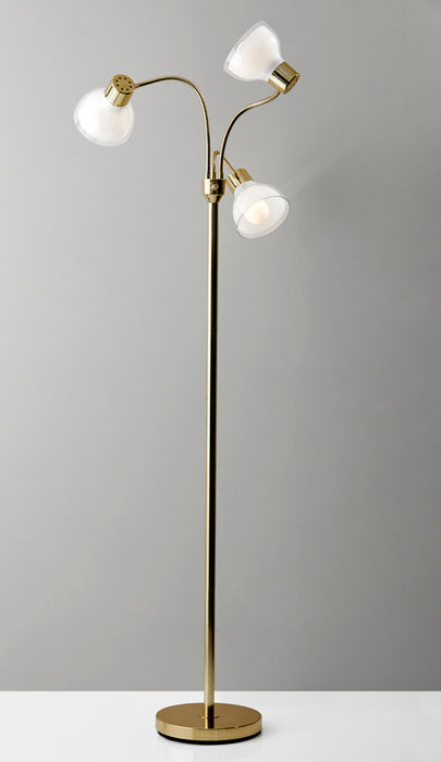 Adesso Shiny Gold Presley 3-Arm Floor Lamp-Clear Plastic Outer-Frosted Inner Bell Shade-60 Inch Clear Cord-3-Way Rotary Switch 1 Light On-2 Lights On-All On-Off (3566-04)