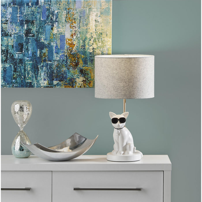 Adesso Simplee Adesso Sunny Cat Table Lamp White Ceramic With Brushed Steel Neck Light Grey Soft Touch Fabric (SL3707-02)