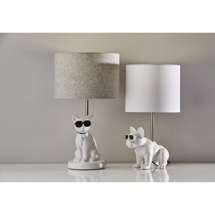 Adesso Simplee Adesso Sunny Cat Table Lamp White Ceramic With Brushed Steel Neck Light Grey Soft Touch Fabric (SL3707-02)