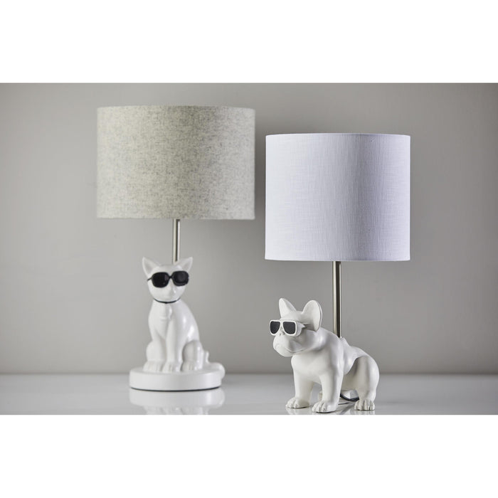 Adesso Simplee Adesso Sunny Cat Table Lamp White Ceramic With Brushed Steel Neck Light Grey Soft Touch Fabric (SL3707-02)