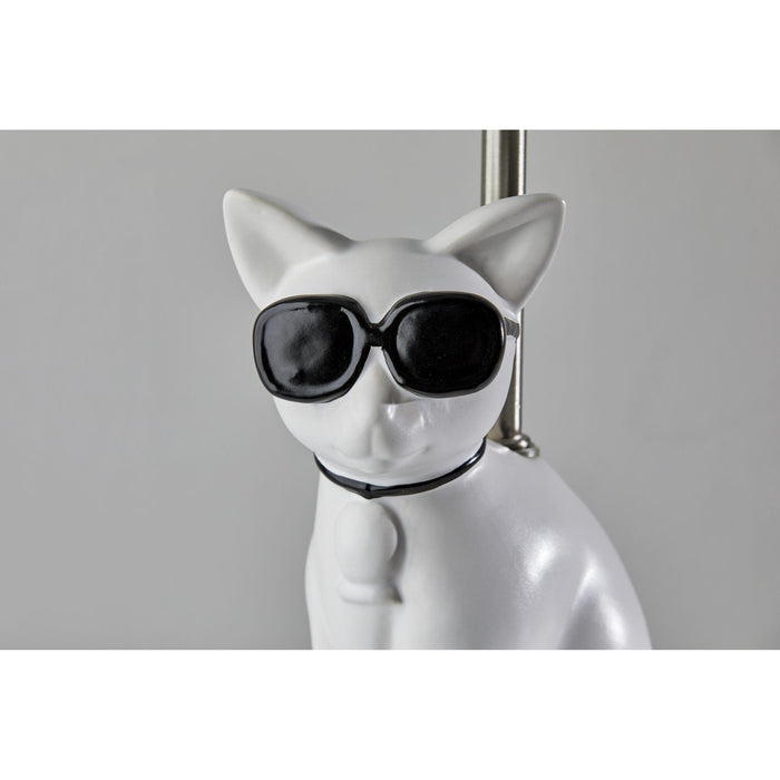 Adesso Simplee Adesso Sunny Cat Table Lamp White Ceramic With Brushed Steel Neck Light Grey Soft Touch Fabric (SL3707-02)