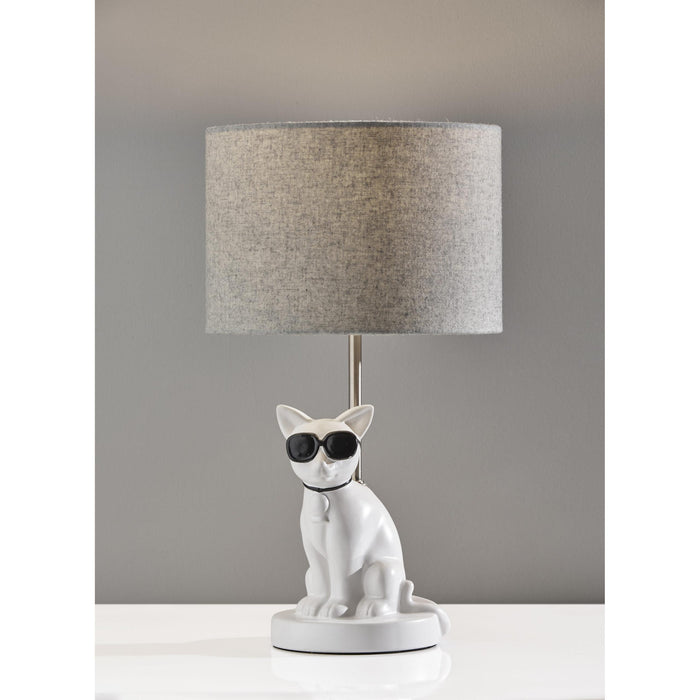 Adesso Simplee Adesso Sunny Cat Table Lamp White Ceramic With Brushed Steel Neck Light Grey Soft Touch Fabric (SL3707-02)