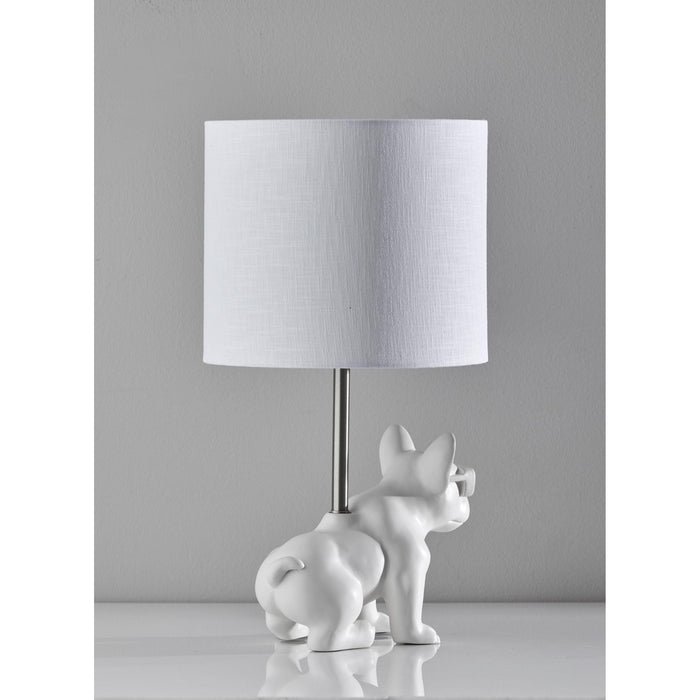 Adesso Simplee Adesso Sunny Dog Table Lamp White Ceramic With Brushed Steel Neck Textured White Fabric (SL3706-02)