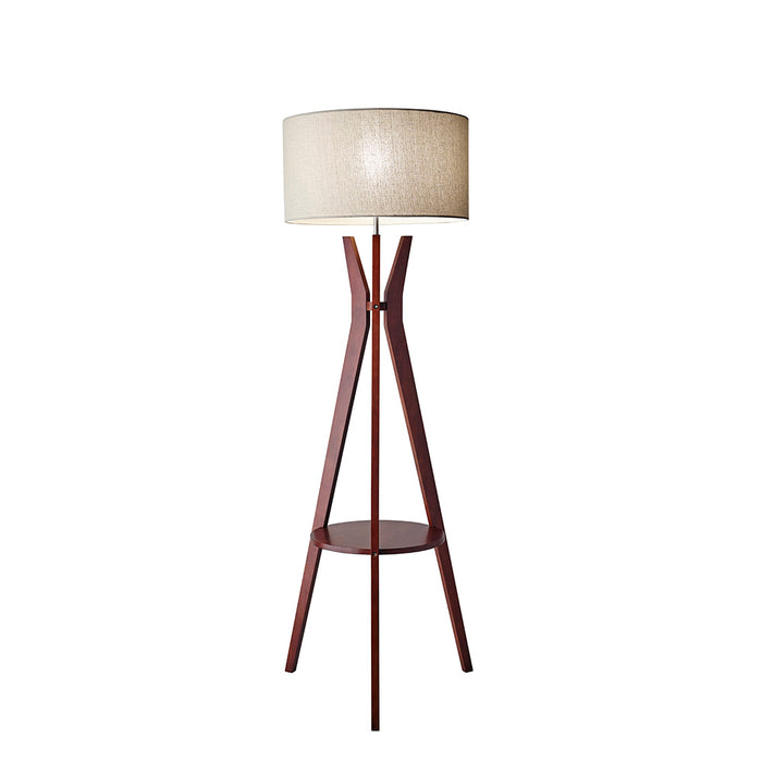 Adesso Solid Walnut Wood Bedford Shelf Floor Lamp-Oatmeal Linen Fabric Drum Shade-105 Inch Hanging Brown Fabric Cover Cord-3-Way Rotary Socket Switch (3471-15)