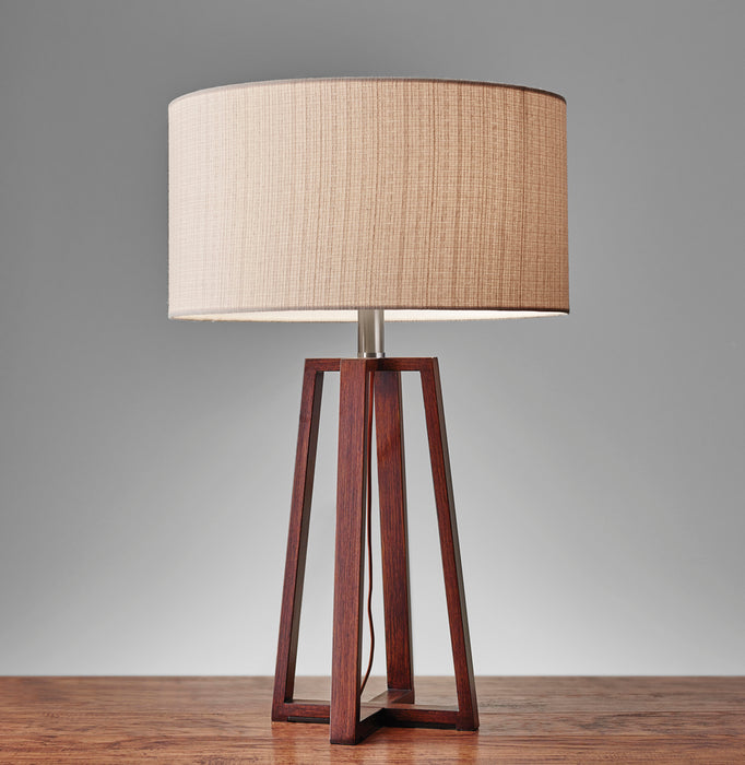 Adesso Walnut Birch Wood Quinn Table Lamp-Natural Fiber Linen Drum Shade-60 Inch Hanging Brown Fabric Covered Cord-3-Way Rotary Socket Switch (1503-15)