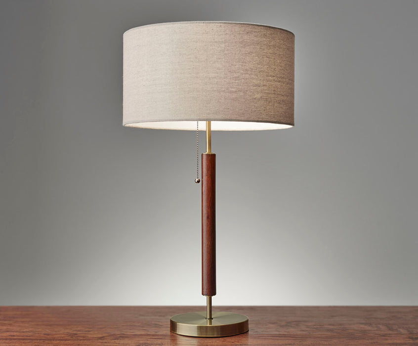 Adesso Walnut Eucalyptus Wood/Antique Brass Hamilton Table Lamp-Natural Linen Drum Shade And 60 Inch Clear Cord And Pull Chain Switch (3376-15)