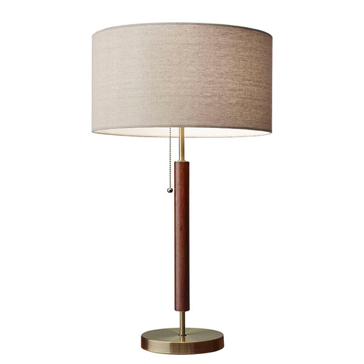 Adesso Walnut Eucalyptus Wood/Antique Brass Hamilton Table Lamp-Natural Linen Drum Shade And 60 Inch Clear Cord And Pull Chain Switch (3376-15)
