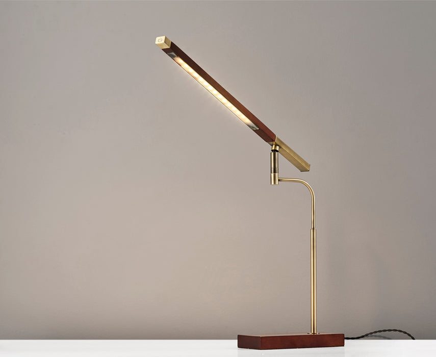 Adesso Walnut Finished Ash Wood-Antique Brass Accents Barrett LED Desk Lamp-Walnut Wood Rectangle Tube Shade-60 Inch Black Fabric Cord-3-Way Touch Switch (3046-15)