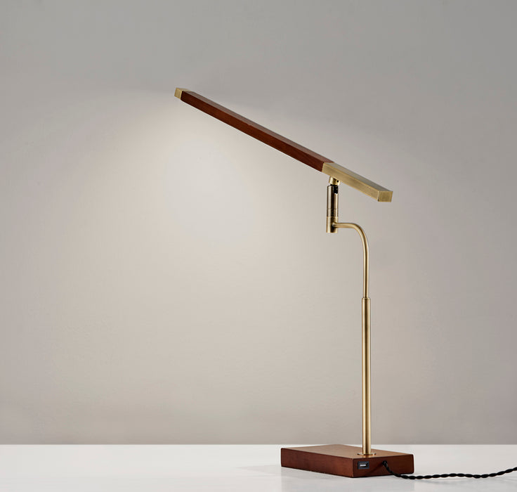 Adesso Walnut Finished Ash Wood-Antique Brass Accents Barrett LED Desk Lamp-Walnut Wood Rectangle Tube Shade-60 Inch Black Fabric Cord-3-Way Touch Switch (3046-15)