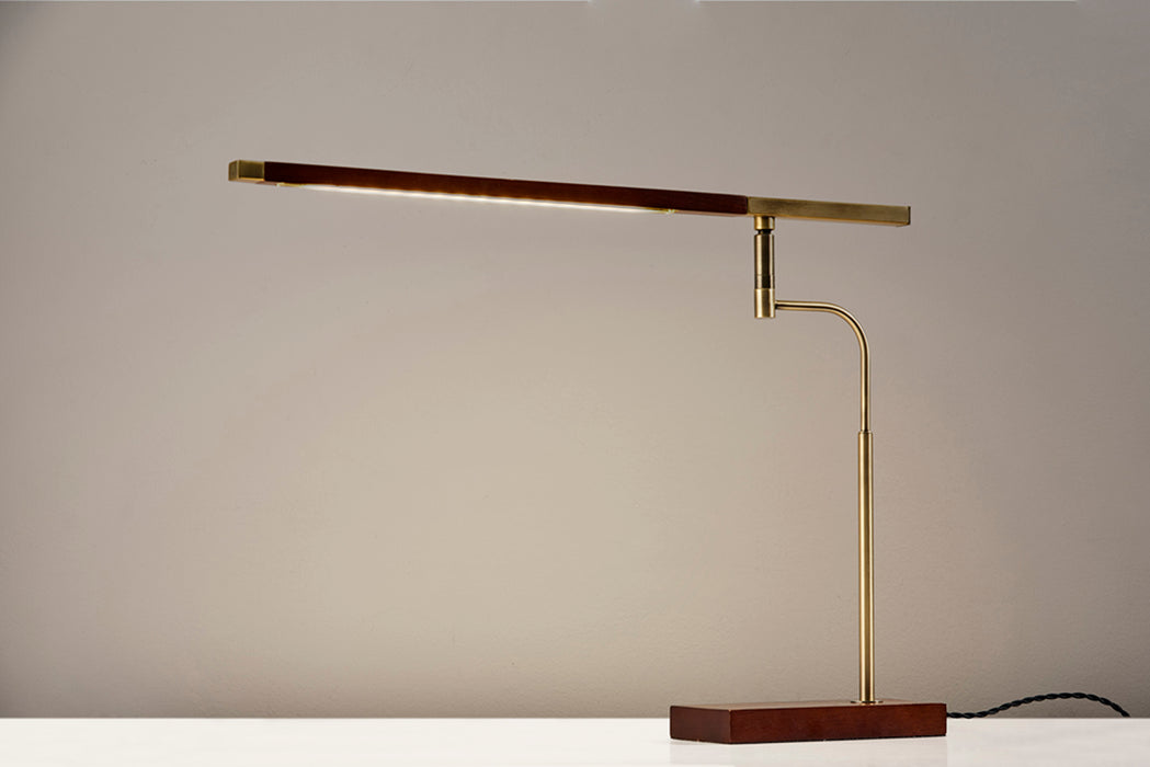 Adesso Walnut Finished Ash Wood-Antique Brass Accents Barrett LED Desk Lamp-Walnut Wood Rectangle Tube Shade-60 Inch Black Fabric Cord-3-Way Touch Switch (3046-15)