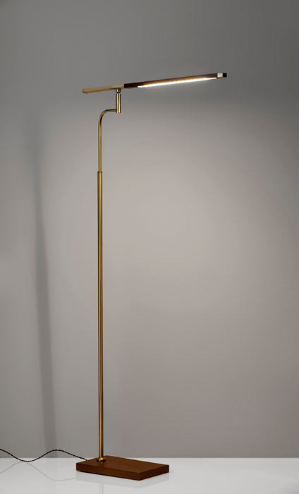 Adesso Walnut Finished Ash Wood-Antique Brass Accents Barrett LED Floor Lamp-Walnut Wood Rectangle Tube Shade-60 Inch Black Fabric Cord-3-Way Touch Switch (3047-15)