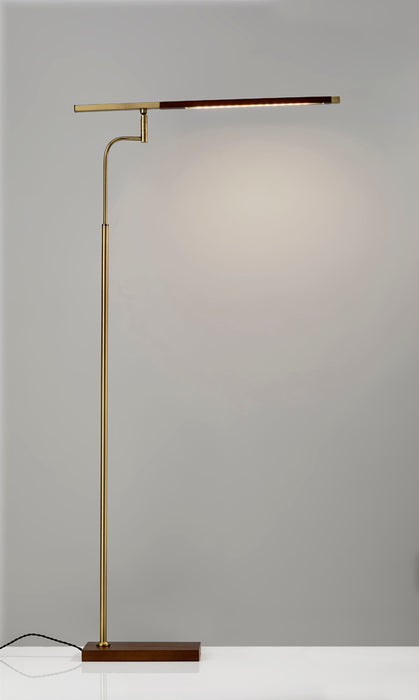 Adesso Walnut Finished Ash Wood-Antique Brass Accents Barrett LED Floor Lamp-Walnut Wood Rectangle Tube Shade-60 Inch Black Fabric Cord-3-Way Touch Switch (3047-15)