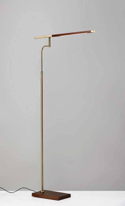 Adesso Walnut Finished Ash Wood-Antique Brass Accents Barrett LED Floor Lamp-Walnut Wood Rectangle Tube Shade-60 Inch Black Fabric Cord-3-Way Touch Switch (3047-15)