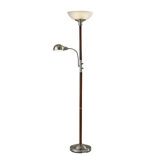 Adesso Walnut Rubber Wood-Brushed Steel Accents Lexington 300W Combination Torchiere Alabaster Frosted Glass/Brushed Steel Bowl Shade-60 Inch Black Cord-2 Rotary Switch On Pole (4052-15)