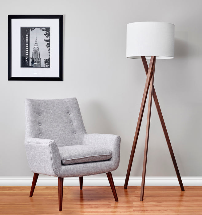 Adesso Walnut Wood Brooklyn Floor Lamp-White Textured Linen Drum Shade-128 Inch Hanging Brown Fabric Cover Cord-3-Way Rotary Switch (3227-15)