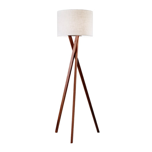 Adesso Walnut Wood Brooklyn Floor Lamp-White Textured Linen Drum Shade-128 Inch Hanging Brown Fabric Cover Cord-3-Way Rotary Switch (3227-15)