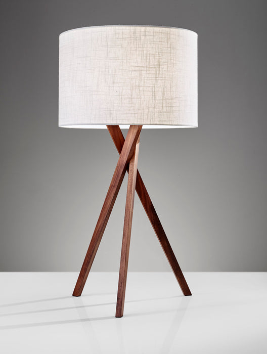 Adesso Walnut Wood Brooklyn Table Lamp-White Textured Linen Drum Shade-98 Inch Hanging Brown Fabric Cover Cord-3-Way Rotary Switch (3226-15)