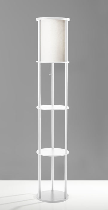 Adesso White Painted MDF Shelves And Beech Wood Tubes Stewart Shelf Floor Lamp-White Textured Fabric Cylinder Shade-129.921 Inch Clear Cord-Pull Chain Switch (3117-02)