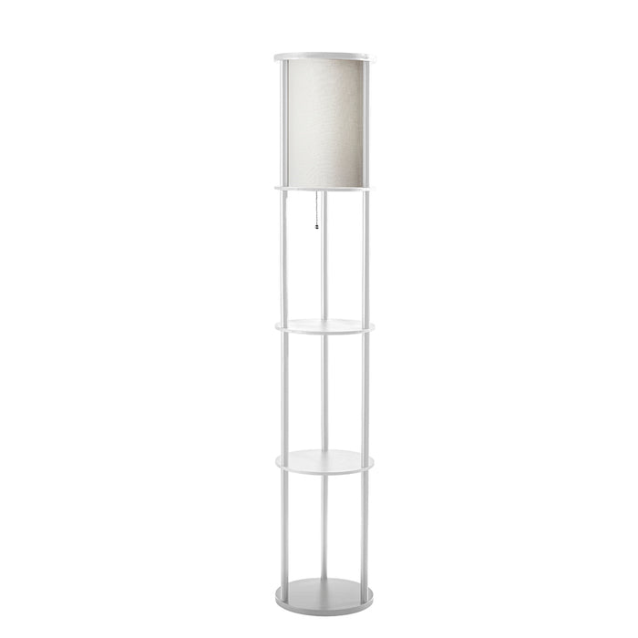 Adesso White Painted MDF Shelves And Beech Wood Tubes Stewart Shelf Floor Lamp-White Textured Fabric Cylinder Shade-129.921 Inch Clear Cord-Pull Chain Switch (3117-02)