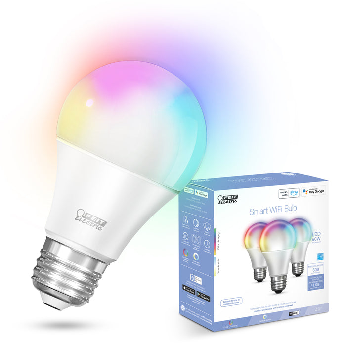 Feit Electric 9W Color Changing A19 Dimmable Alexa Google Smart Wi-Fi Bulb 3-Pack (OM60/RGBW/CA/AG/3)