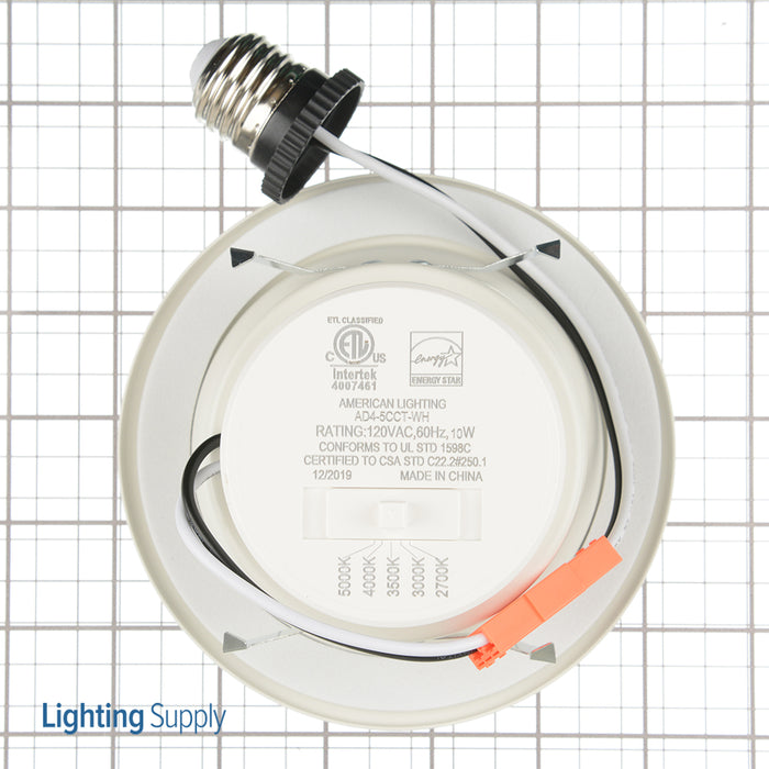 American Lighting 4 Inch Downlight White 120V 10W 600Lm 2700K/3000K/3500K/4000K/5000K cETLus Energy Star Wet Location 90 CRI 10-100 Triac Dimming (AD4-5CCT-WH)