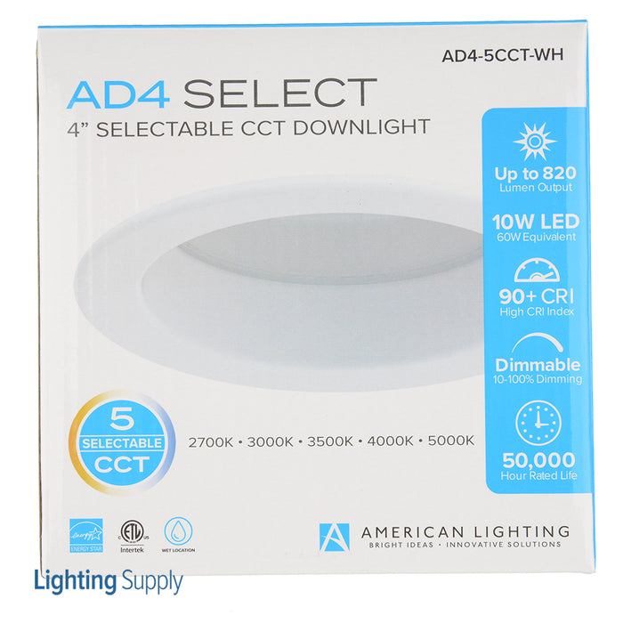 American Lighting 4 Inch Downlight White 120V 10W 600Lm 2700K/3000K/3500K/4000K/5000K cETLus Energy Star Wet Location 90 CRI 10-100 Triac Dimming (AD4-5CCT-WH)