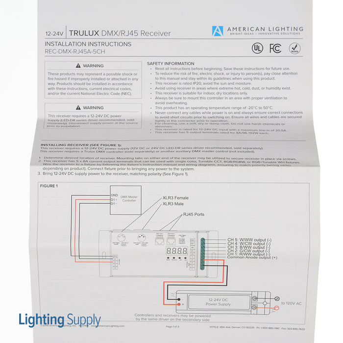 American Lighting 5-Channel DMX Receiver W-Rj45 5X8A Constant Voltage (REC-DMX-RJ45A-5CH)