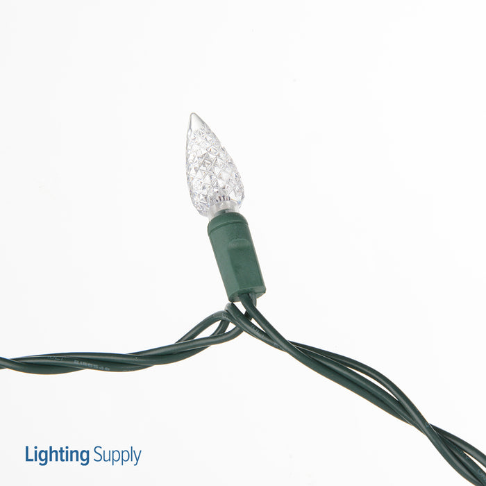 American Lighting LED C6 Light String 23.5 Foot Length 4.8W 70 LEDs Per String 4 Inch Spacing Green Wire 120V Faceted Pure White (C6-70/4-G-PW-S)