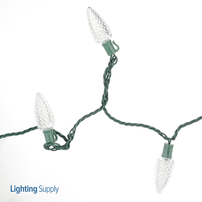 American Lighting LED C9 Light String 16.7 Foot Length 2.4W 25 LEDs Per String 8 Inch Spacing Green Wire 120V Faceted Pure White (C9-25/8-G-PW-S)