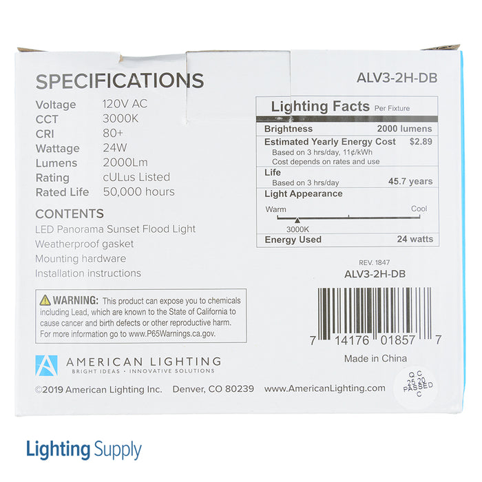 American Lighting LED Flood 120V 3000K 24W cULus Dark Bronze 2400Lm 80 CRI 3 Year Warranty (ALV3-2H-DB)