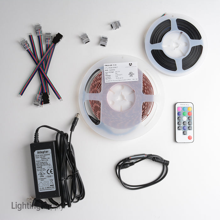 American Lighting American Trulux 16.4 Foot High Output LED Tape Light Kit RGB Color 24V 2.7W Per Foot 10Mm Wide (HTL-RGB-5MKIT)