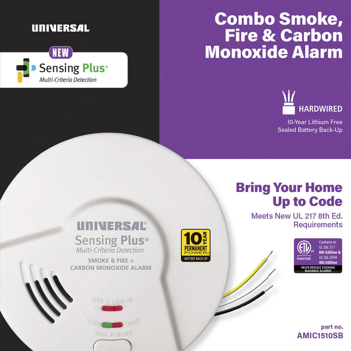 USI Sensing Plus Hardwired Combination Smoke/Fire And Carbon Monoxide Alarm With 10-Year Battery Back Up (AMIC1510SB)