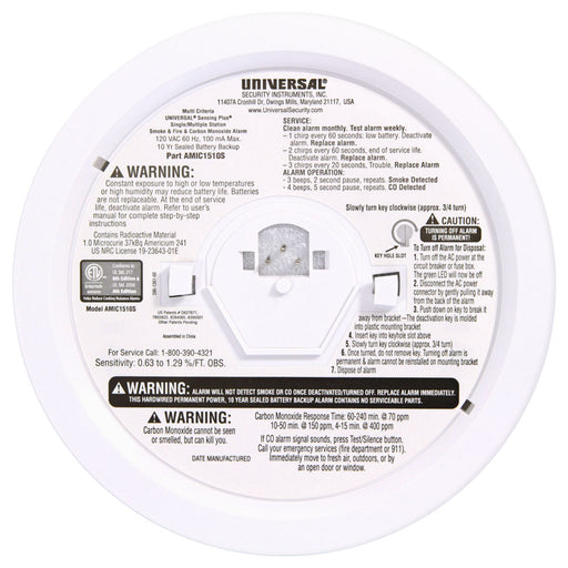 USI Sensing Plus Hardwired Combination Smoke/Fire And Carbon Monoxide Alarm With 10-Year Battery Back Up (AMIC1510SB)
