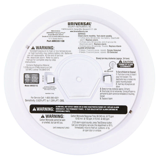 USI Sensing Plus Combination Smoke/Fire And Carbon Monoxide Alarm With 10-Year Battery (AMIC3511SB)