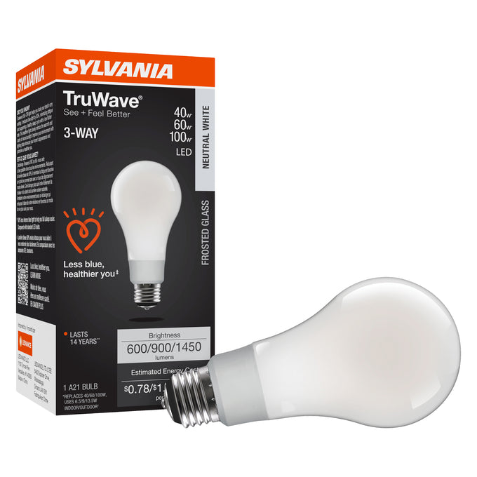Sylvania LED13.5A213WAYO935F13YTLRP LED TruWave 3-Way A21 Lamp Medium E26 Base 6.5W/9W/13.5W 3500K 600Lm/900Lm/1450Lm 90 CRI 120V (41524)
