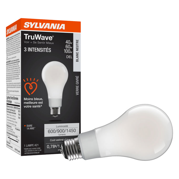 Sylvania LED13.5A213WAYO935F13YTLRP LED TruWave 3-Way A21 Lamp Medium E26 Base 6.5W/9W/13.5W 3500K 600Lm/900Lm/1450Lm 90 CRI 120V (41524)